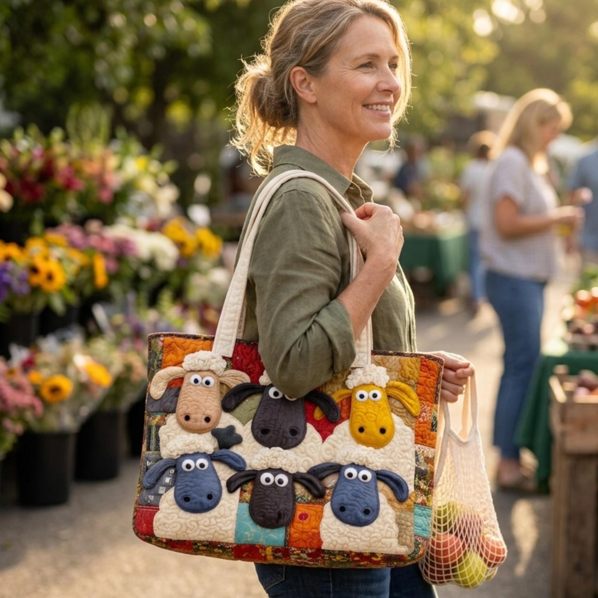 Quilted Sheep Tote Bag – Farm Animal Shoulder Handbag, Rustic Farmhouse Style Canvas Bag
