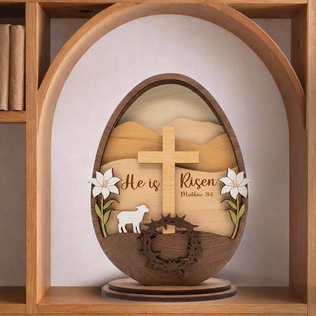 He is Risen Empty Tomb Wooden Block, Christian Easter Decor, He is Risen Wooden Easter Decor, 3D Layered Cross & Lily Sign, Matthew 28_6 Scripture Tabletop Plaque, Christian Gift