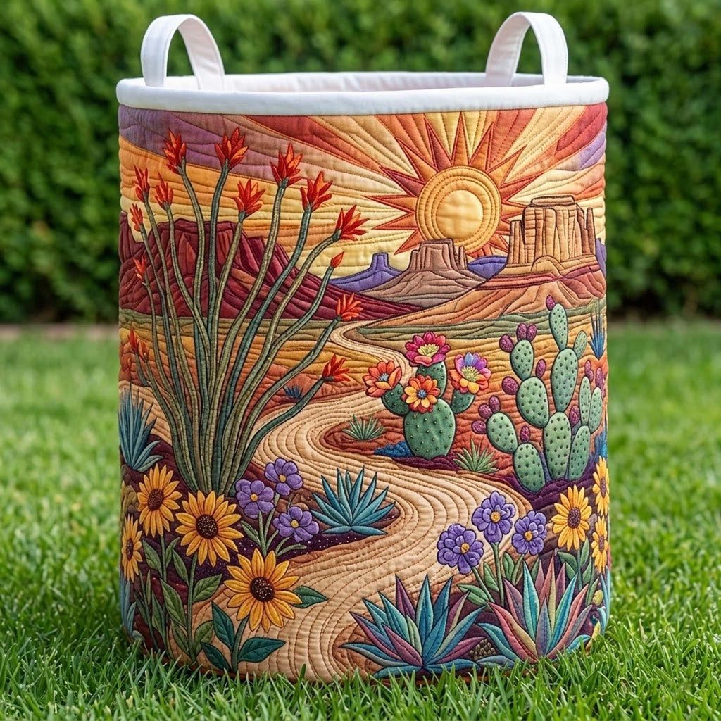 Sunrise Cactus Quilted Laundry Basket_ Daybreak Dune Hamper, Natural Lover Storage Bin