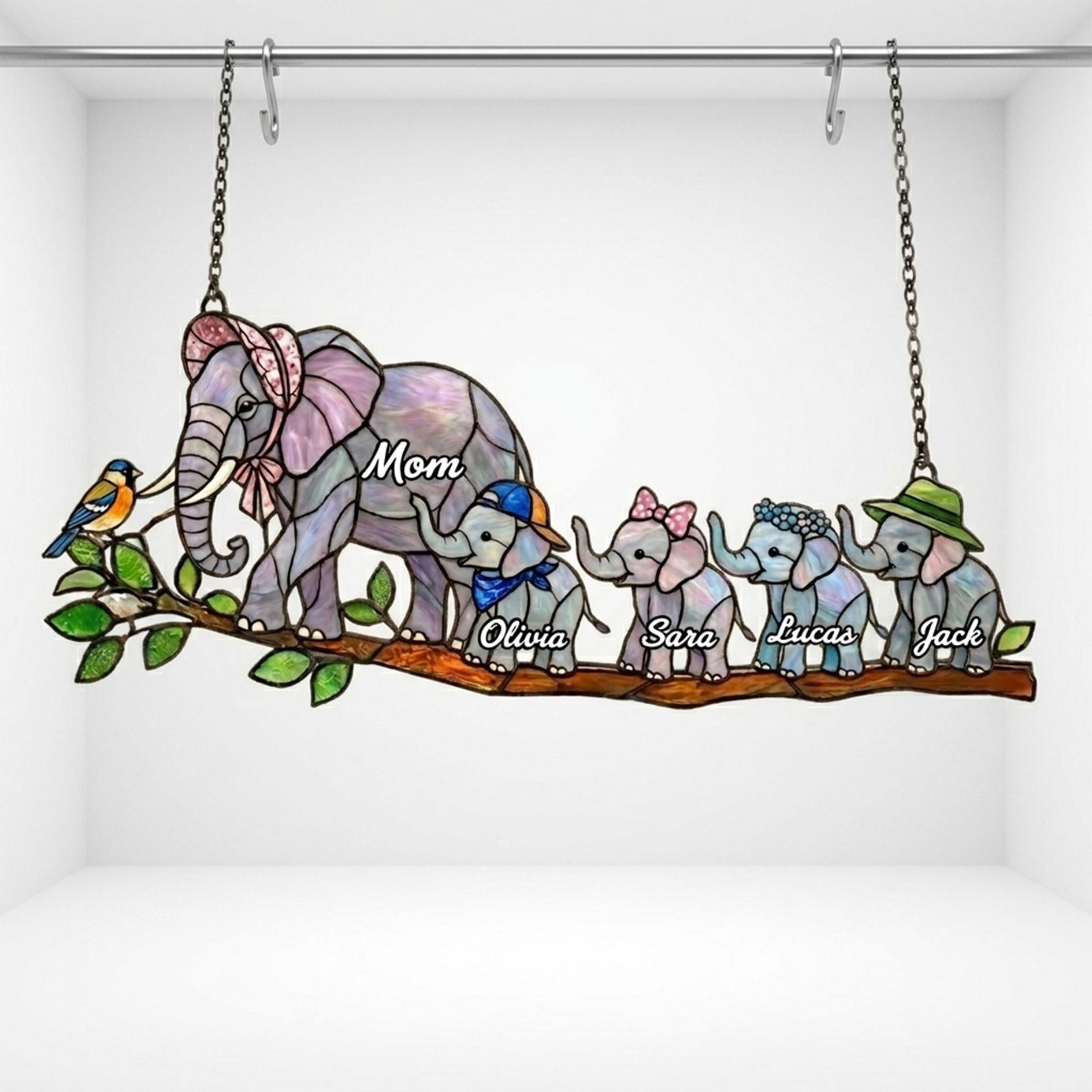 Personalized Elephant Glass Suncatcher, Custom Mama Elephant Window Hanging, Kids Names Glass Ornament, Mother’s Day Gift for Mom