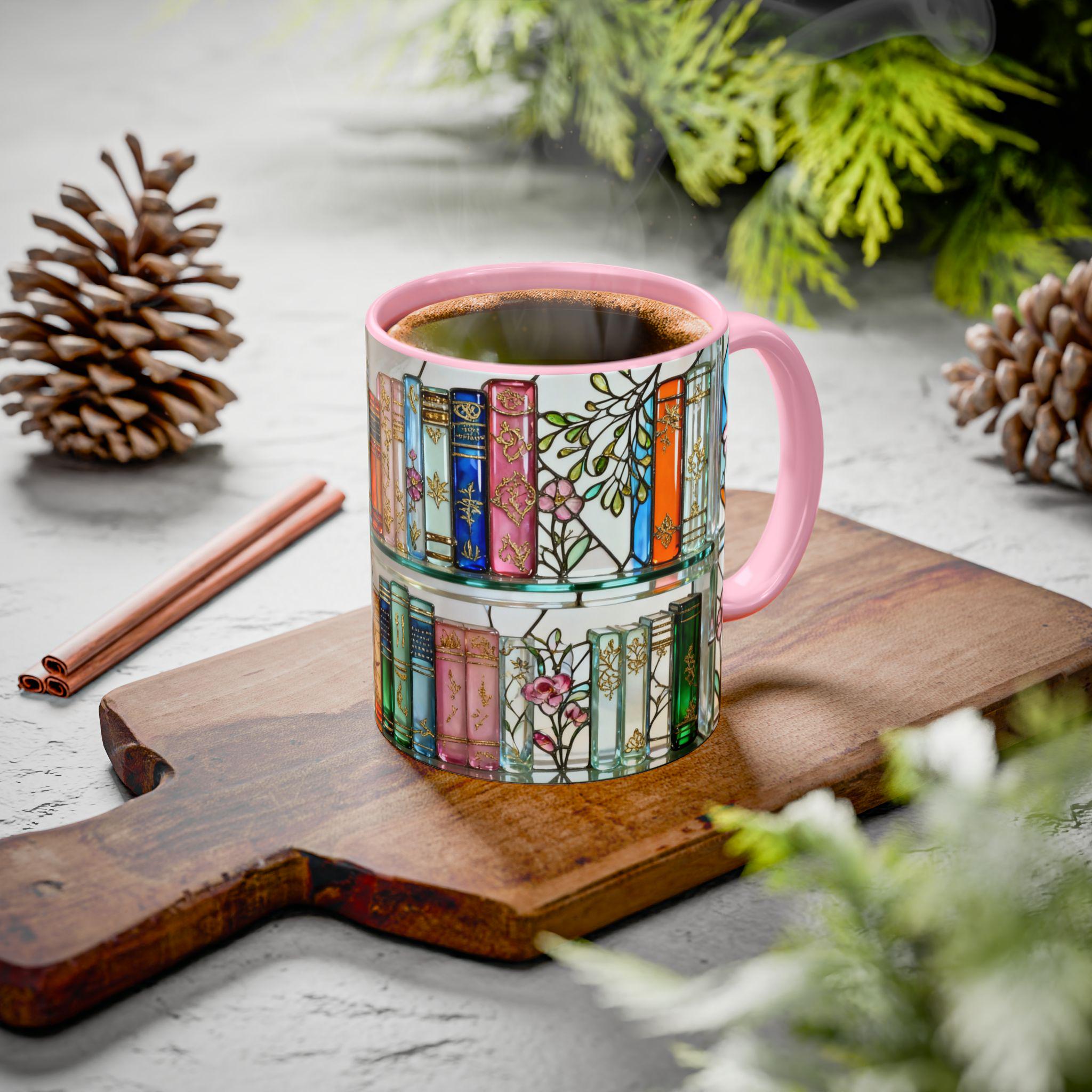 Stained Glass Style Books Mug Floral Bookshelf Mug Book Lover Gift, Bookish Mug, Library Cup