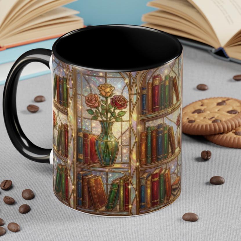 Stained Glass Books Mug, Book Lover Coffee Mug, Cozy Library Mug, Bookish Gift for Readers, Dark Academia Mug, Floral Bookshelf Cup, Cute Character Mug – Fun Design for Daily Use