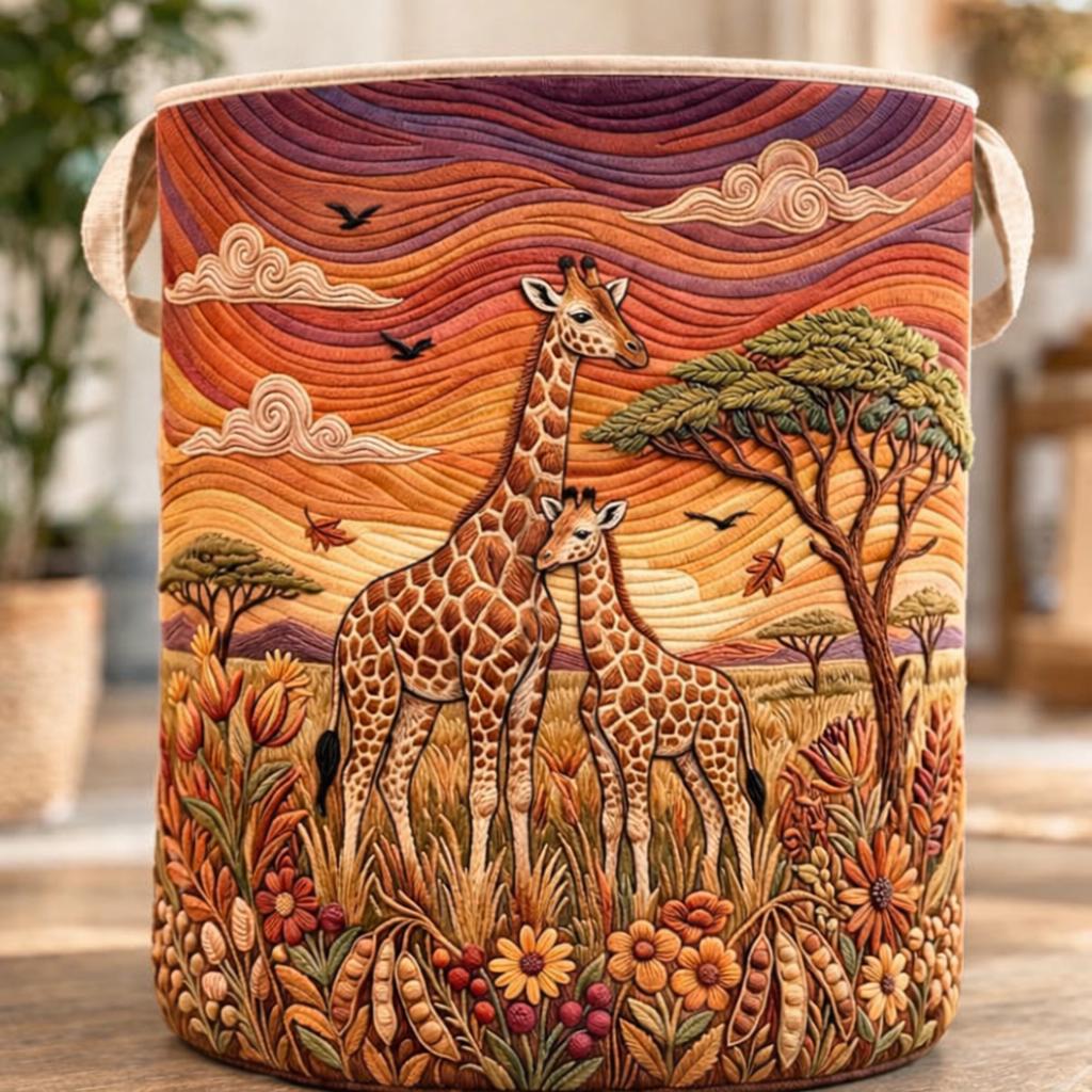 Quilted Laundry Basket with Giraffe Sunset Design, Fabric Storage Bin for Clothes, Safari Nursery Hamper, Friendly Home Organizer
