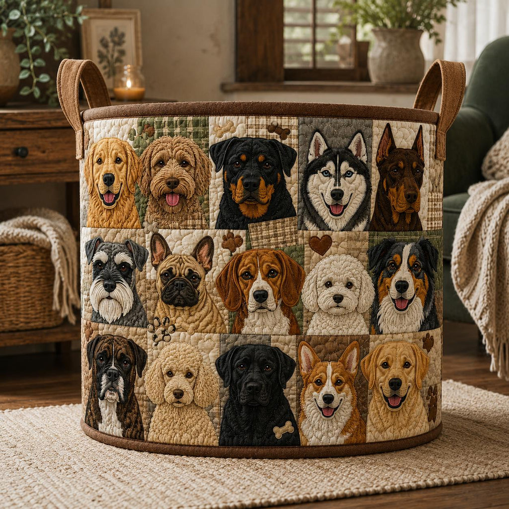 Dog Lover Quilted Fabric Storage Basket, Cute Puppy Laundry Hamper, Pet Lover Nursery Organizer Bin, Cozy Home Decor Gift