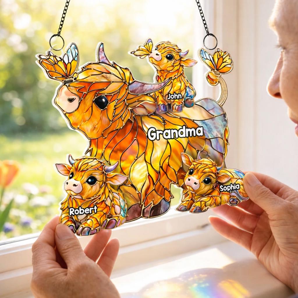 Personalized Highland Cow Mom Acrylic Suncatcher, Grandma’s Herd With Names, Custom Family Window Hanging, Mother's Day Gift for Mom Grandma