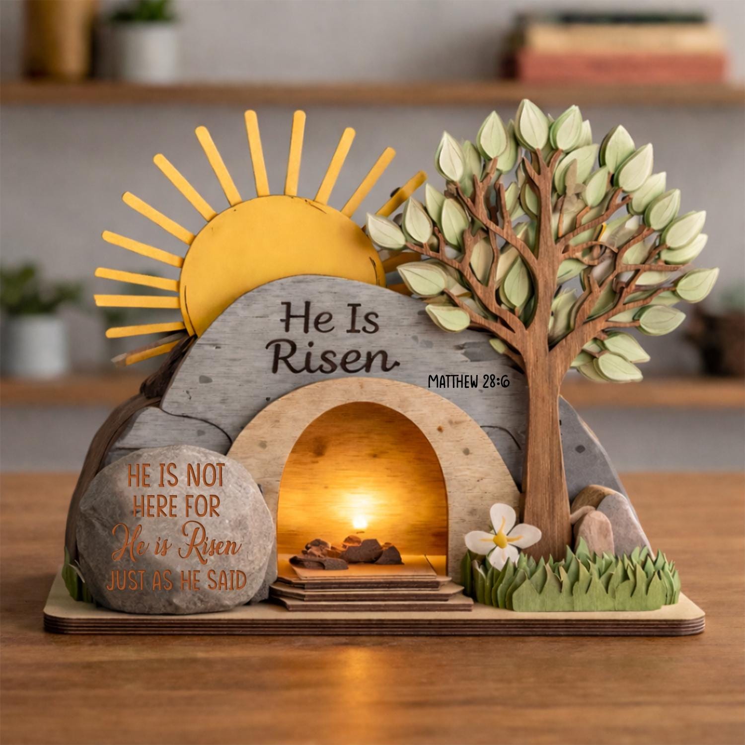 He is Risen Easter 3 Layer Wooden Block, Christian Resurrection Table Sign, Christian Religious Home Decor Gift, Empty Tomb Cross Wood Shelf
