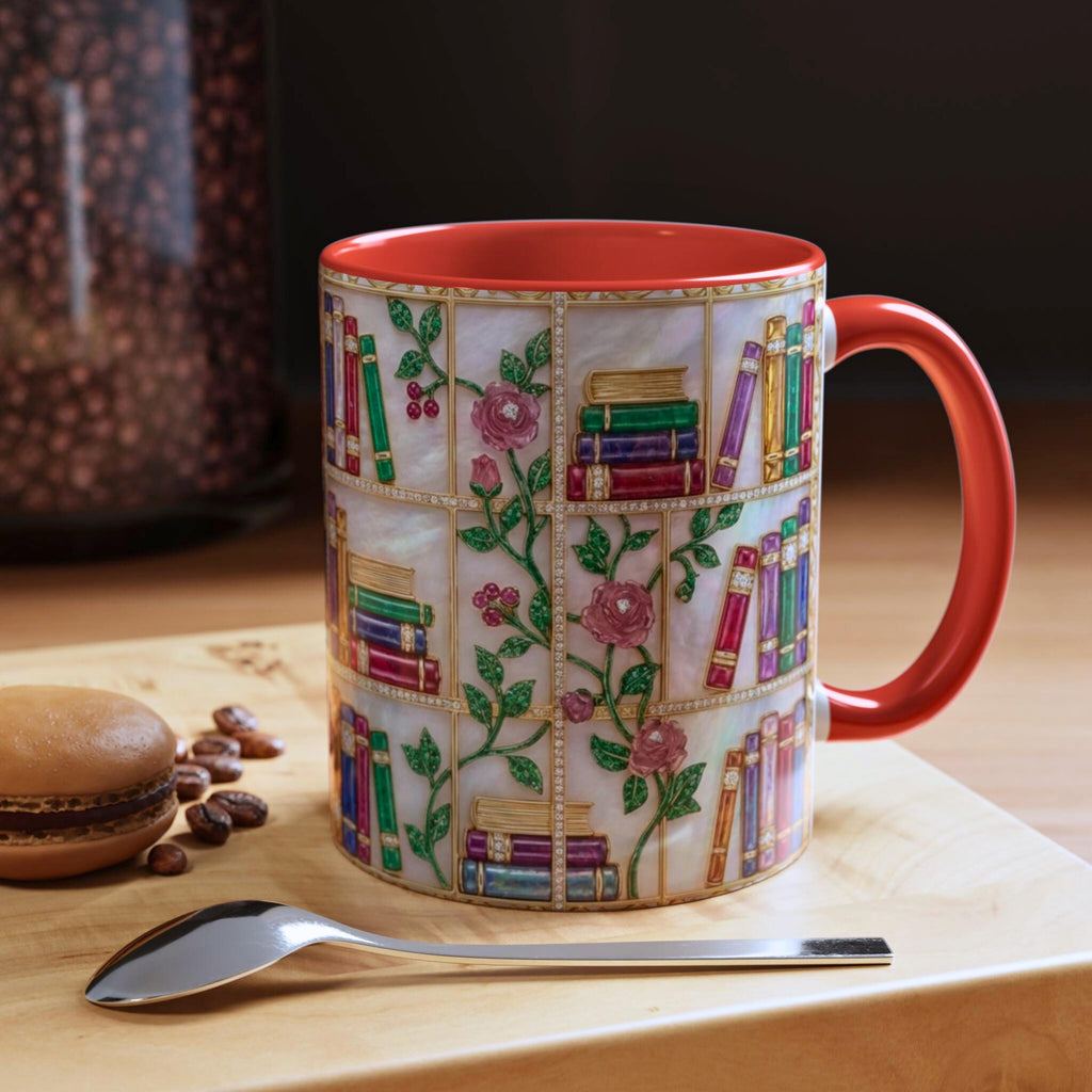 Stained Glass Bookshelf Mug, Floral Book Lover Coffee Cup, Vintage Library Style Mug, Elegant Reading Gift