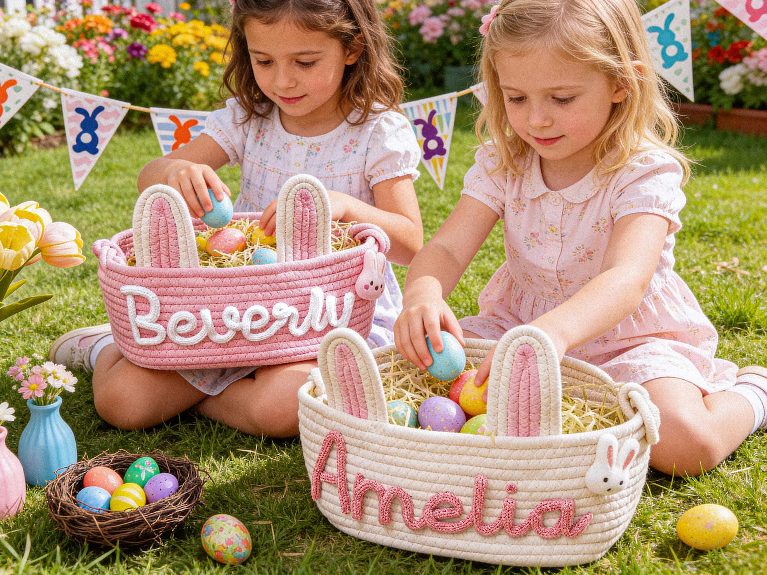 Personalized Easter Basket, Custom Cotton Rope Easter Basket, Easter Gift With Name, Easter Egg Hunt Basket, 1st Easter Egg Hunt Basket