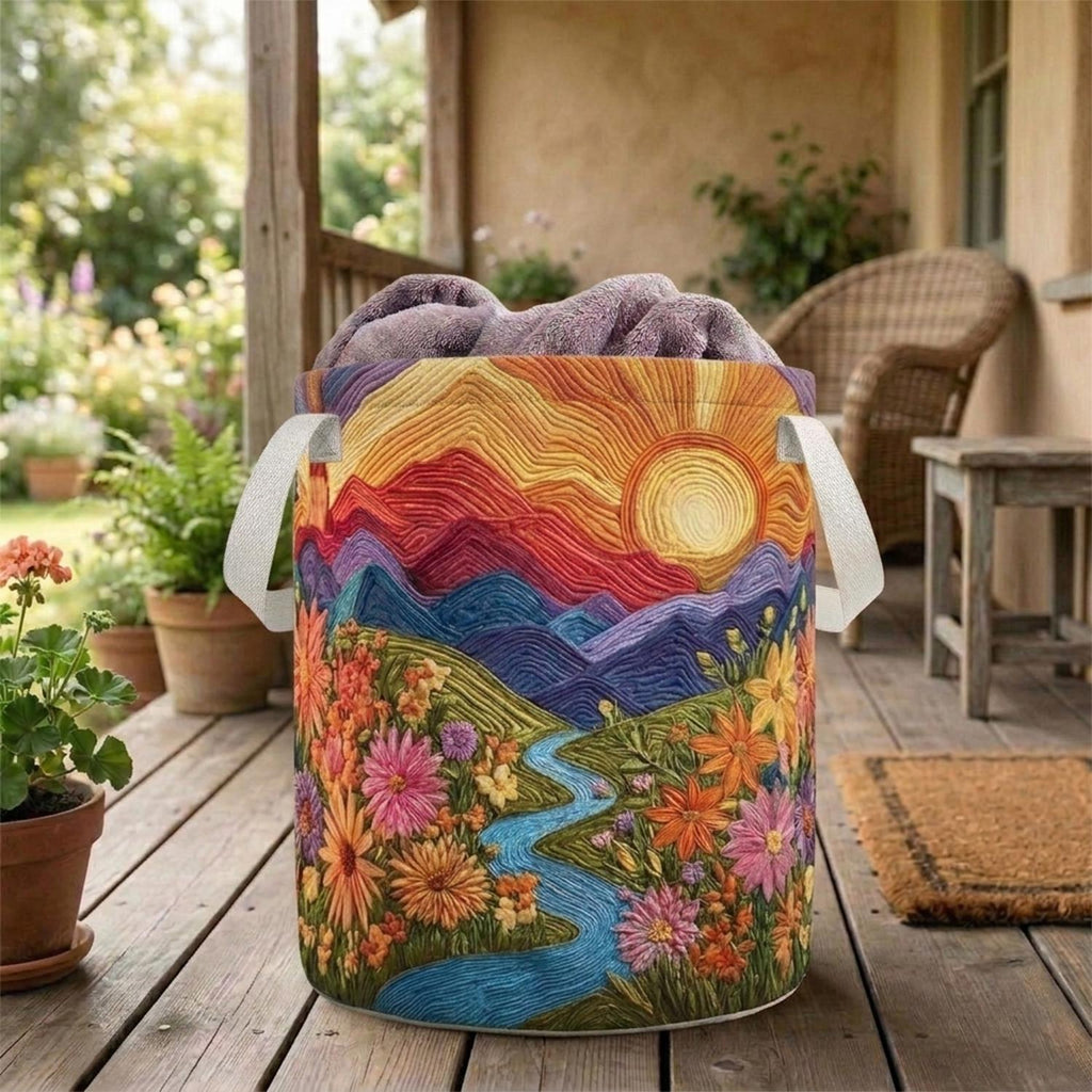 Boho Floral Laundry Basket With Mountain Sunset Design, Large Clothes Hamper, Colorful Home Storage Basket Decor, Floral Mountain Hamper