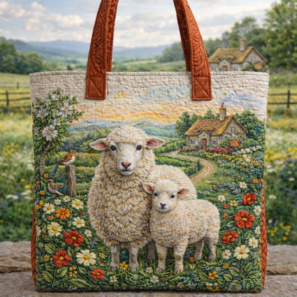 Quilted Sheep Tote Bag Cottagecore Floral Handbag Rustic Farm Animal Bag Large Capacity Fabric Shoulder Bag Gift for Her. TBPETAL40