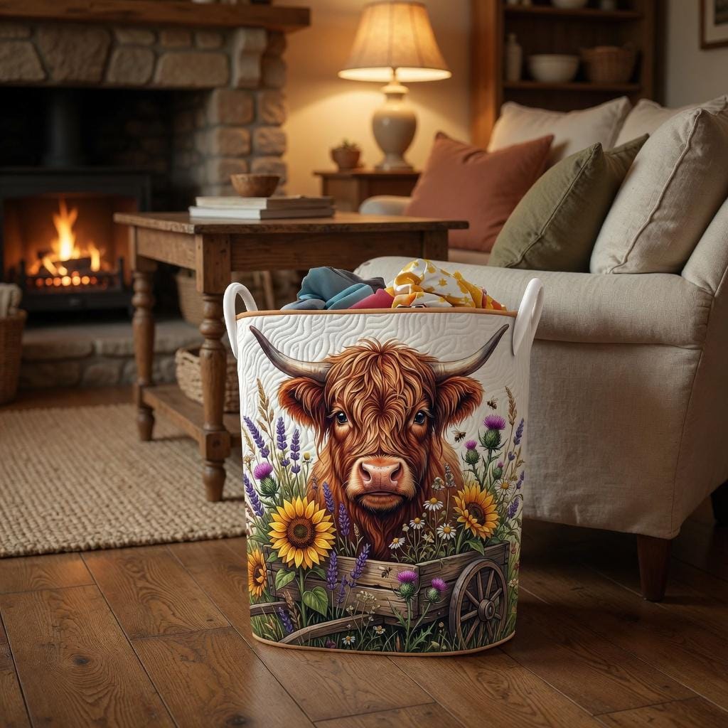 Highland Cow Quilted Laundry Hamper, Sunflower Floral Farmhouse Storage Bin, Rustic Country Laundry Basket, Cozy Room Decor