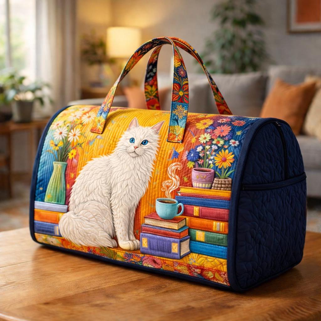 Cat Book Quilted Duffle Bag_ Camper Bus Travel Weekender Bag, Best Duffle Bags for Women, Cute Weekender Duffel Gift for Her