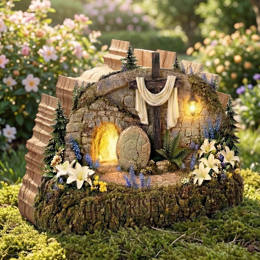 He is Risen Empty Tomb Wooden Block, Christian Easter Decor, Resurrection Scene Shelf Art, Religious Gift, Lighted Tabletop Sign