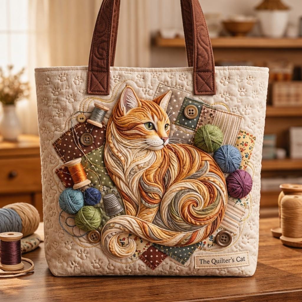 Cat Quilted Tote Bag Patchwork Sewing Lover Gift Cottagecore Fabric Tote Handmade Style Shoulder Bag for Women Everyday Use