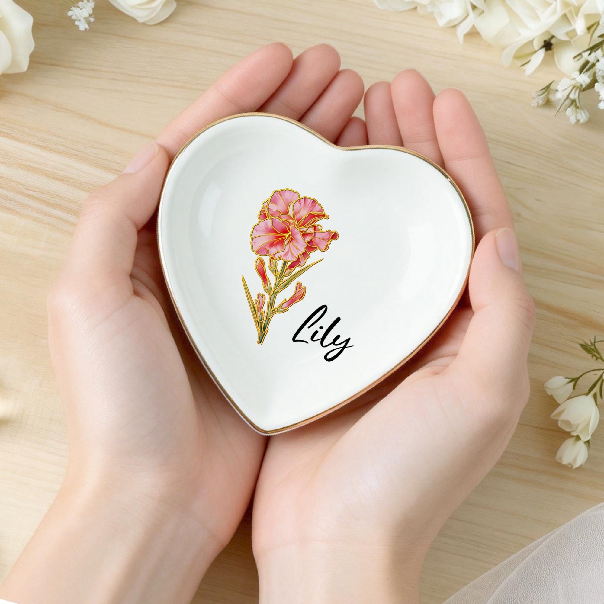 Custom Gold Rim Birth Flower Dish, Personalized Jewelry Tray, Floral Ring Holder, Birthday Gift, Bridesmaid Gift, Gift for Mom