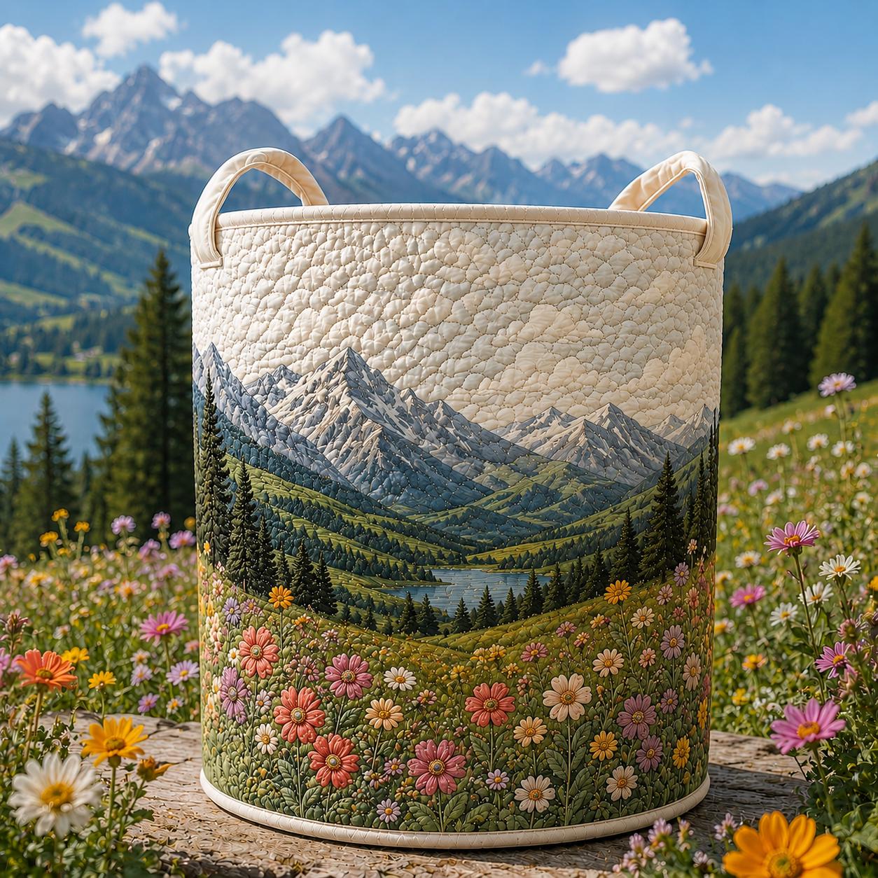 Mountain Wildflower Quilted Laundry Basket, Scenic Nature Clothes Hamper, Rustic Home Organizer Bin, Cozy Cabin Decor Gift