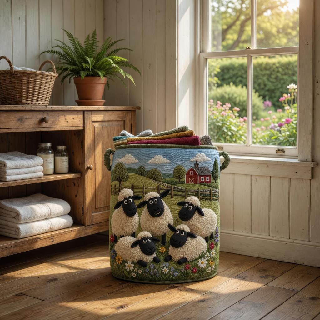 Cute Sheep Quilted Laundry Basket, Sheep Laundry Room Decor, Soft Fabric Hamper, Colorful Sheep Storage Bin, Gift for Mom, Gift for Her
