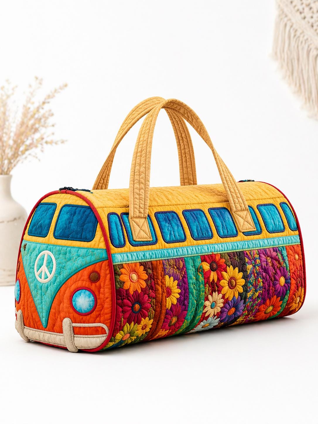 Quilted Camper Van Weekender Bag, Retro Boho Floral Travel Tote