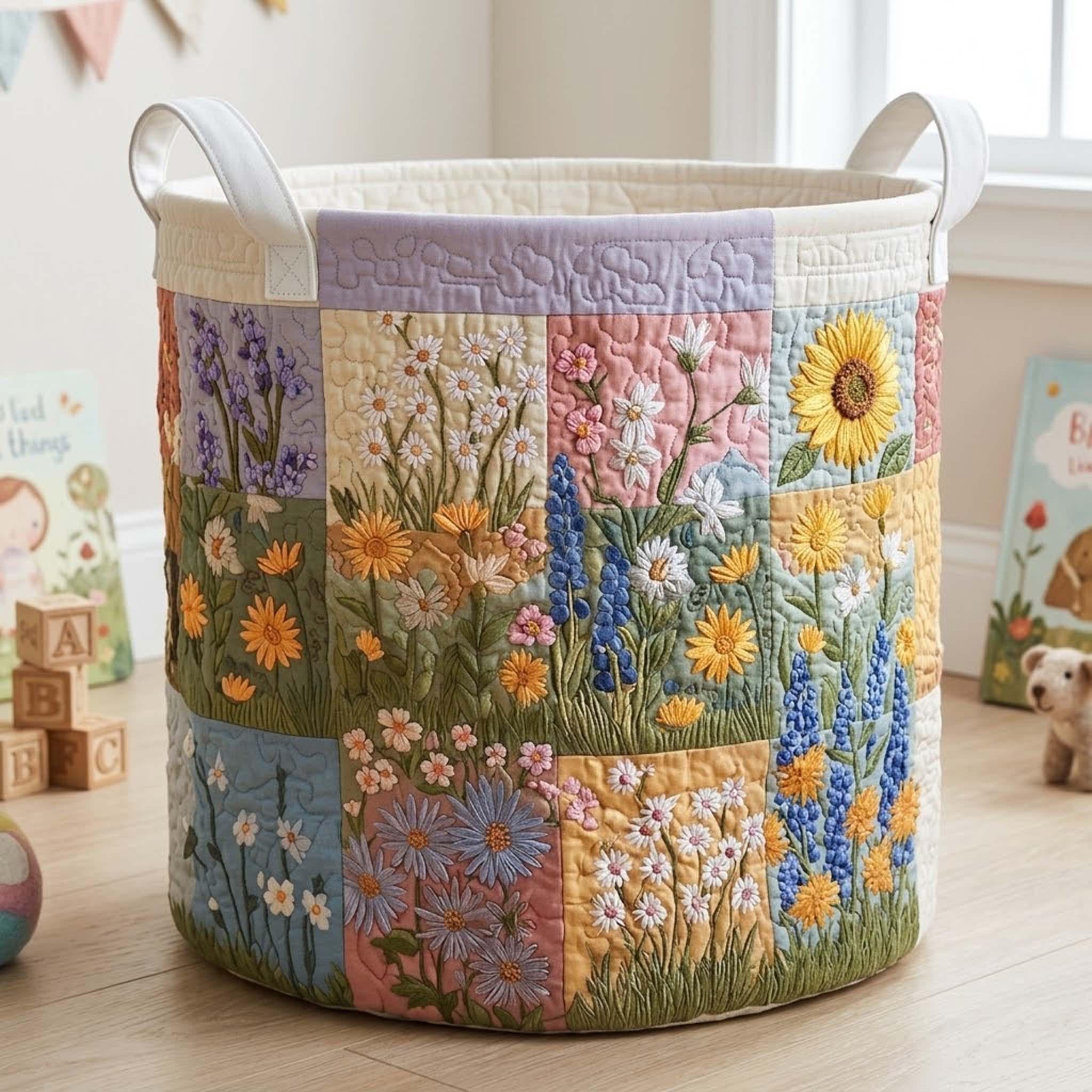 Wild Floral Patchwork Quilted Laundry Basket_ Flowers Hamper, Family Storage Bin