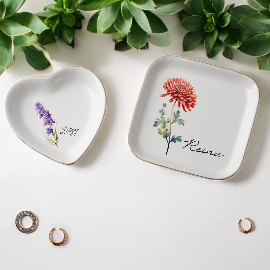 Personalized Birth Flower Trinket Dish, Flower Ring Dish, Birthday Jewelry Dish Gift, Bridesmaid Gift, Jewelry Storage, Ceramic Dish