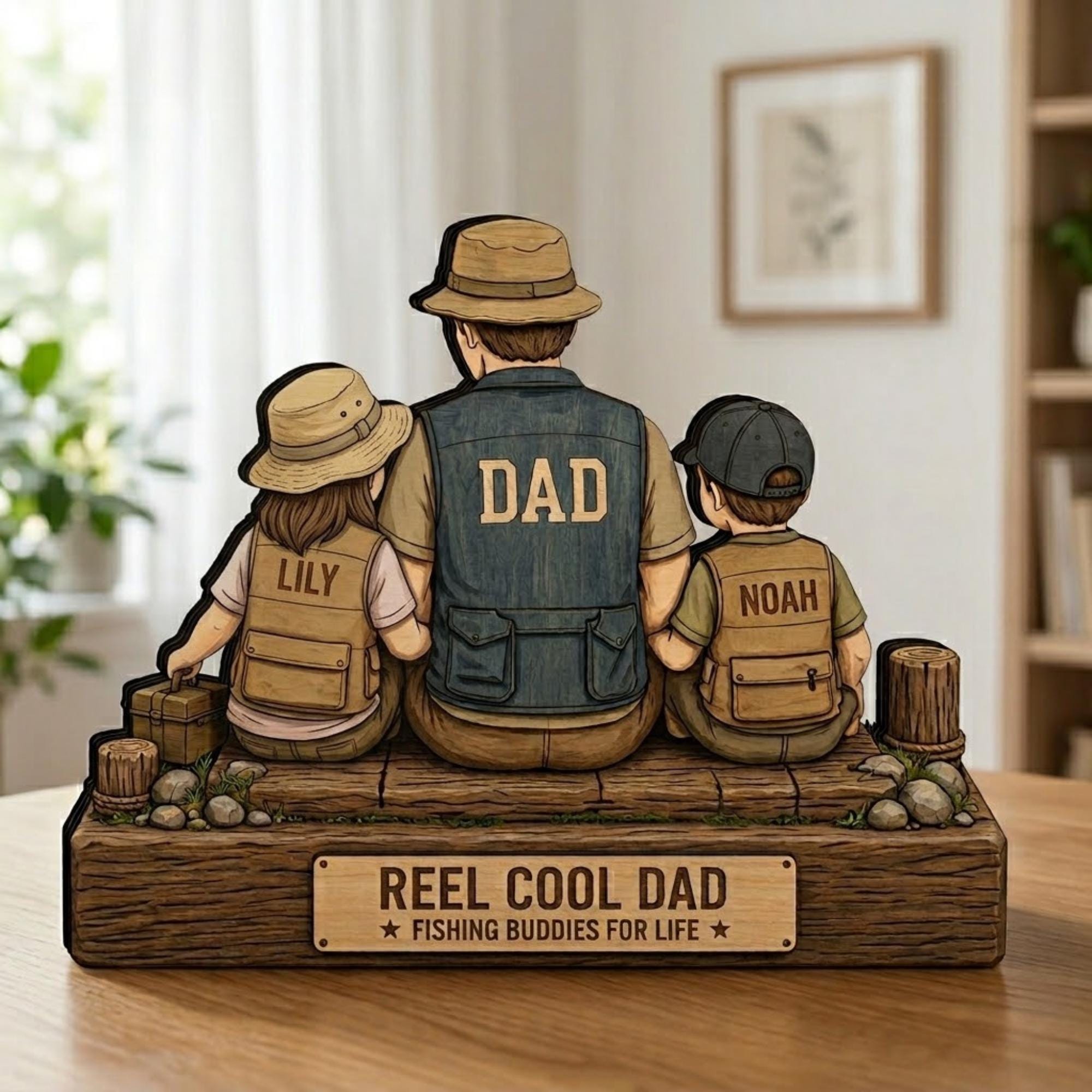 Personalized Fishing Dad Wooden Block, Gift Custom Father and Kids Name Sign, Reel Cool Dad Rustic Keepsake