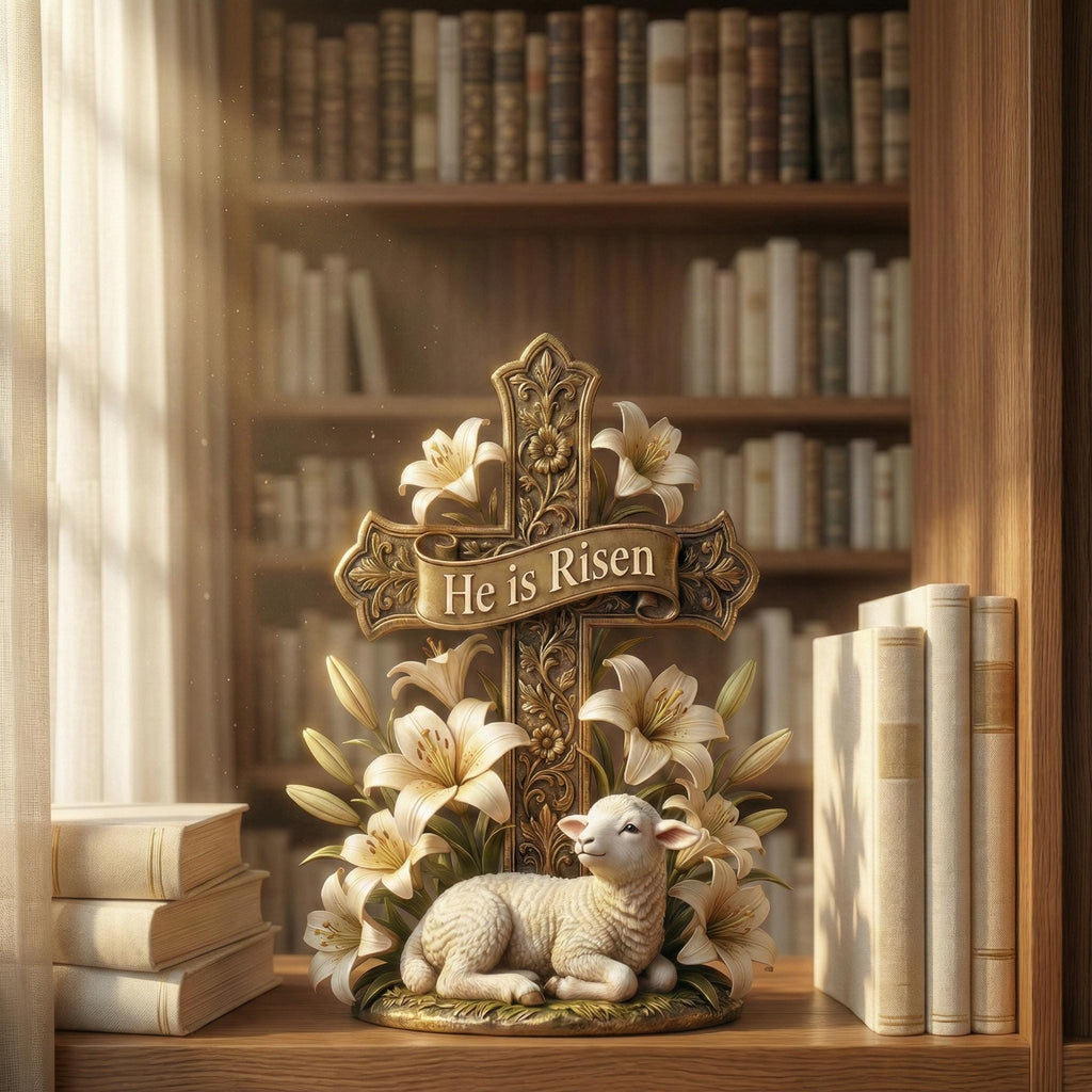 He is Risen Easter Cross Statue With Lamb & Lily, Resurrection Scene Christian Figurine, Easter Home Decor, Pastor Appreciation Gift.