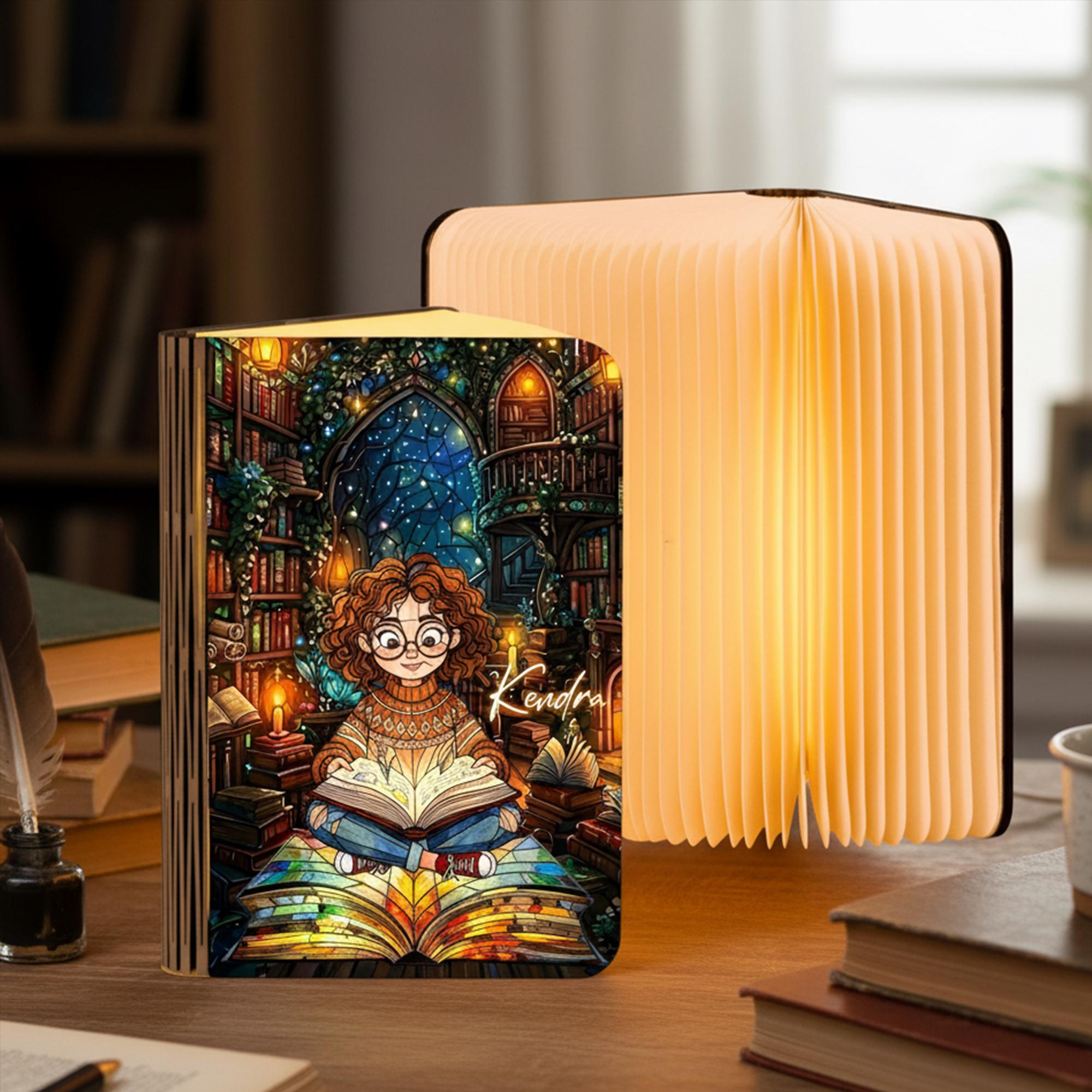 Custom Name Stained Glass Portrait Table Light Folding Magnetic Lamp, Personalized Book Lamp Reading Book Lover, Bookworm Gift, Bedroom Gift