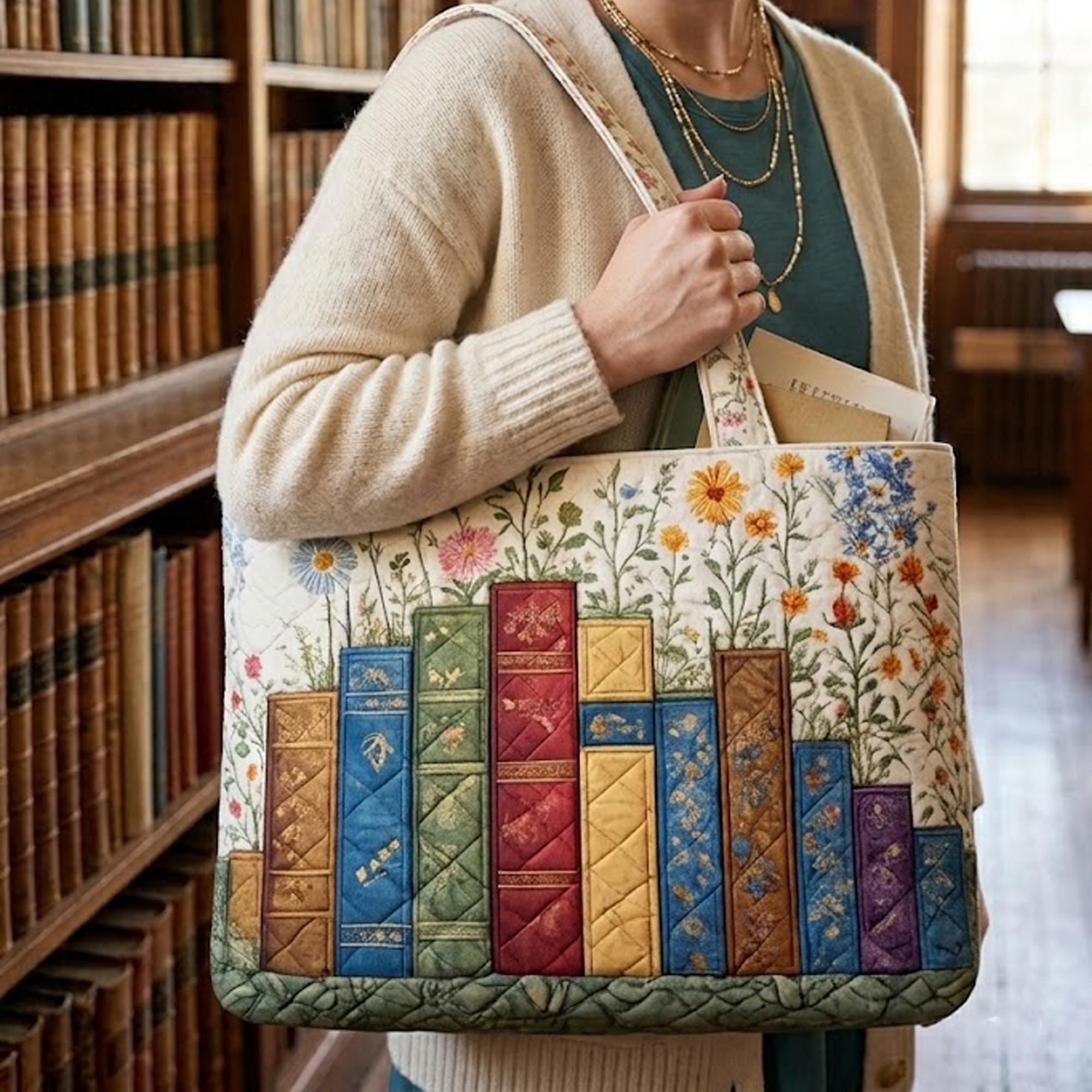 Quilted Book Lover Tote Bag – Vintage Floral Library Shoulder Bag, Reading Aesthetic Market Tote, Bookish Gift for Women