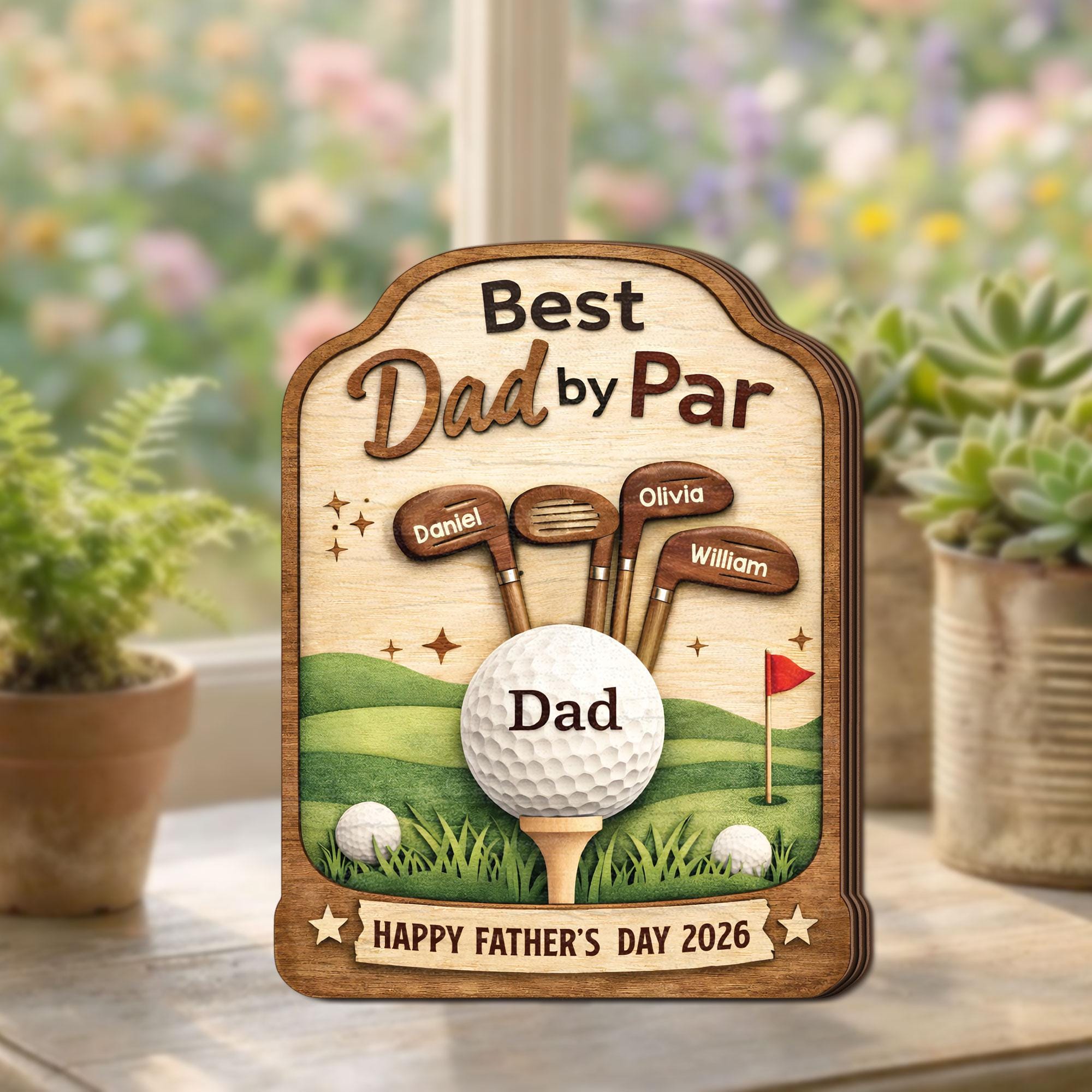 Best Dad by Par Wooden Block, Personalized Golf Dad Gift, Fathers Day Gift From Kids, Custom Name Golf Father Decor, Dad Desk Wooden Plaque
