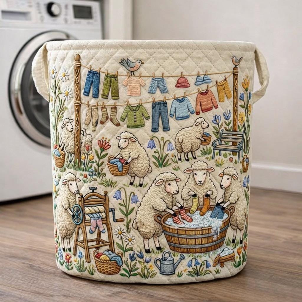 Quilted Laundry Basket Sheep Laundry Hamper, Cute Farmhouse Storage Bin, Laundry Room Decor, Gift for Her, Sheep Clothes Basket