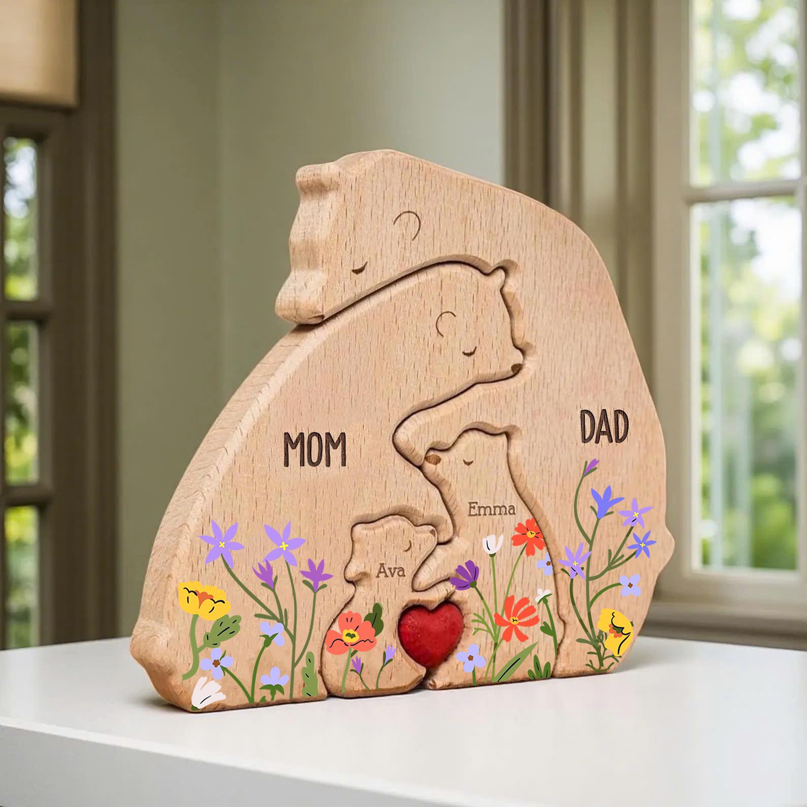 Hugging Bear Family Floral Version, Personalized Wooden Bear Family Puzzle, Father's Day Gift, Animal Family Puzzle Decor, Custom Dad Gift