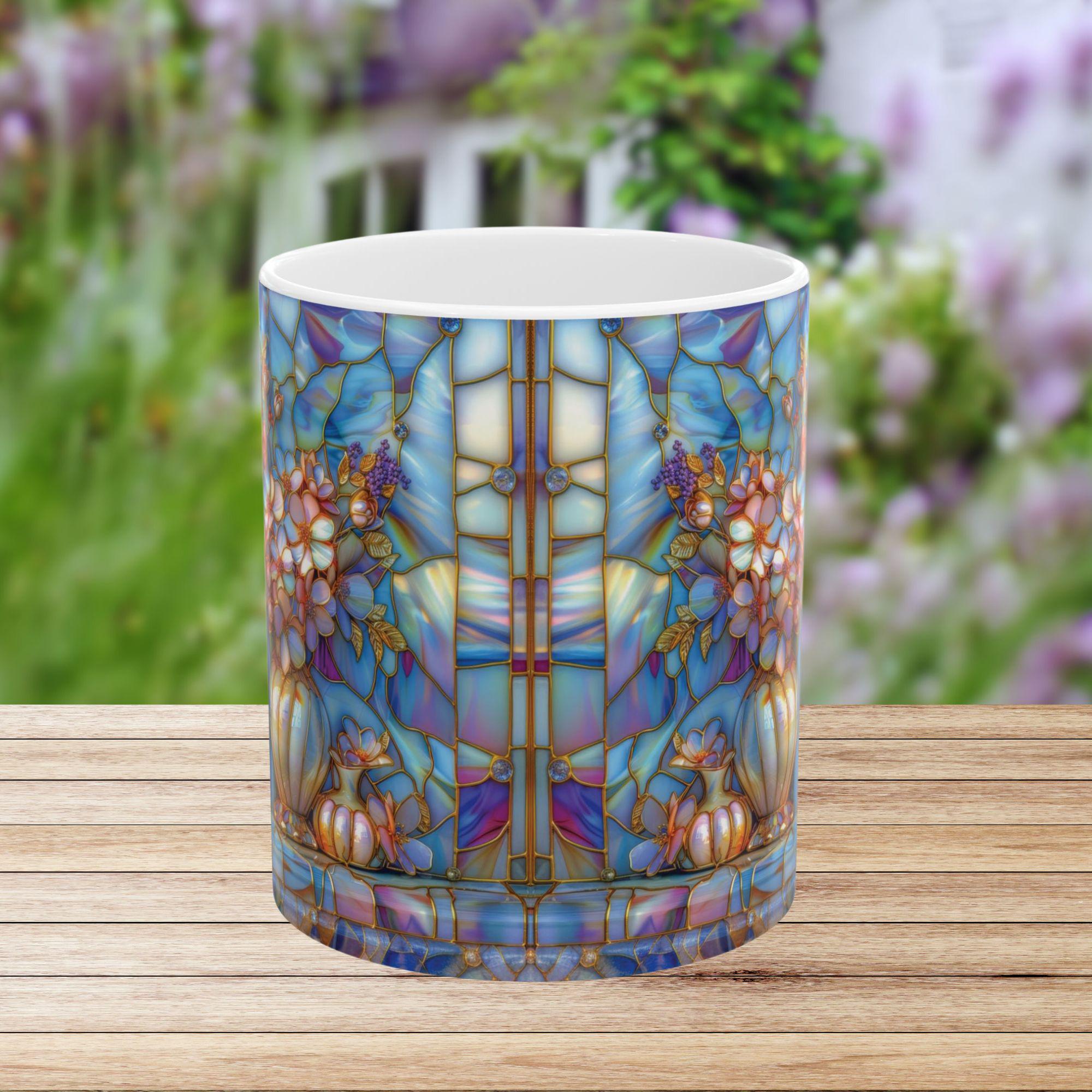 Floral Bookshelf Coffee Mug_ Books and Flowers Faux Stained-glass Ceramic Mug, Book Lover Gift for Friend, Mom