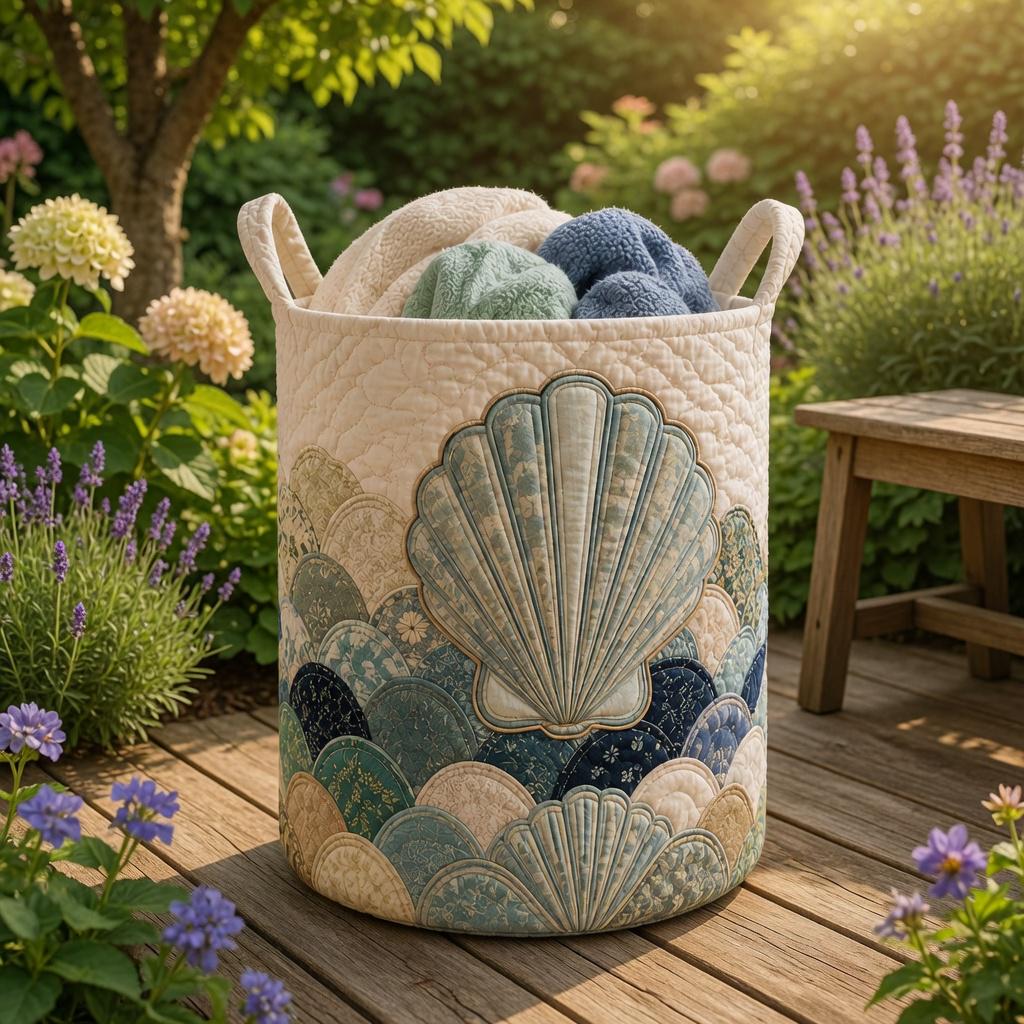 Coastal Seashell Quilted Laundry Basket, Beach House Hamper, Ocean Inspired Storage Bin, Nautical Room Decor