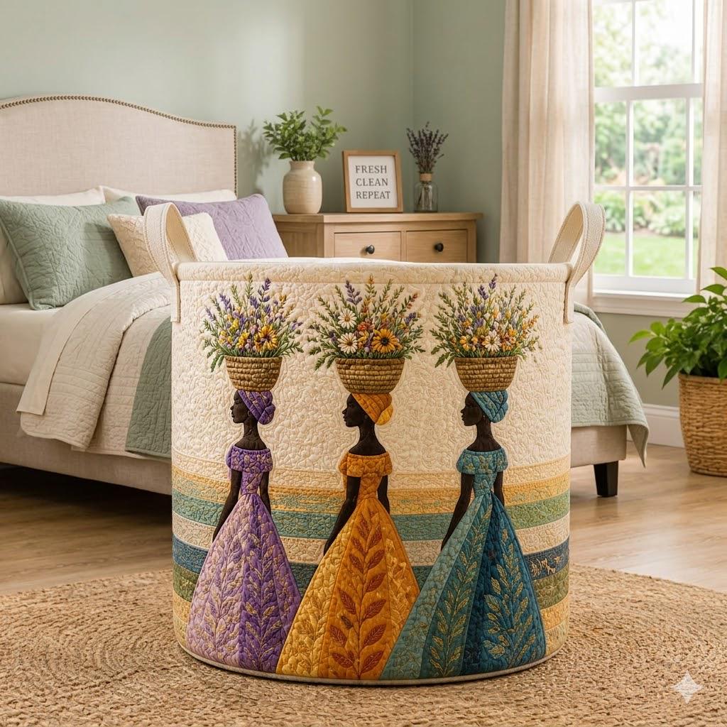 Boho Floral Quilted Laundry Basket, Ethnic Style Fabric Hamper, Decorative Storage Bin, Cottagecore Laundry Organizer, Home Gift