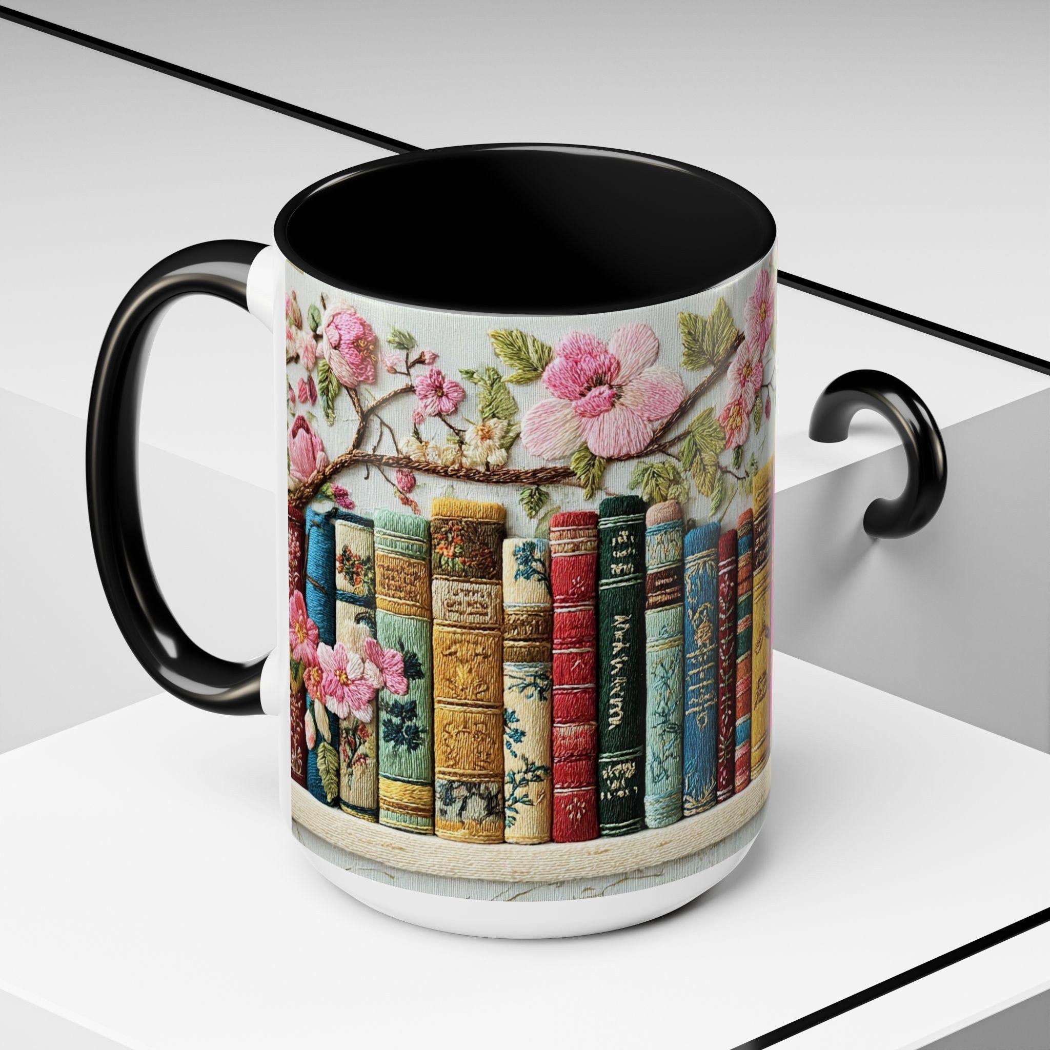 Floral Bookshelf Mug Embroidered Book Lover Design Cottagecore Reading Coffee Cup Vintage Library Aesthetic