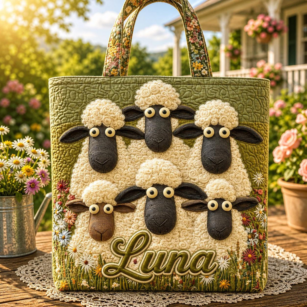Personalized Happy Sheep Quilt Tote Bag, Custom Name Garden Sheep Tote, Cute Farm Animal Bag, Quilted Shoulder Bag, Handbag for Animal Lover