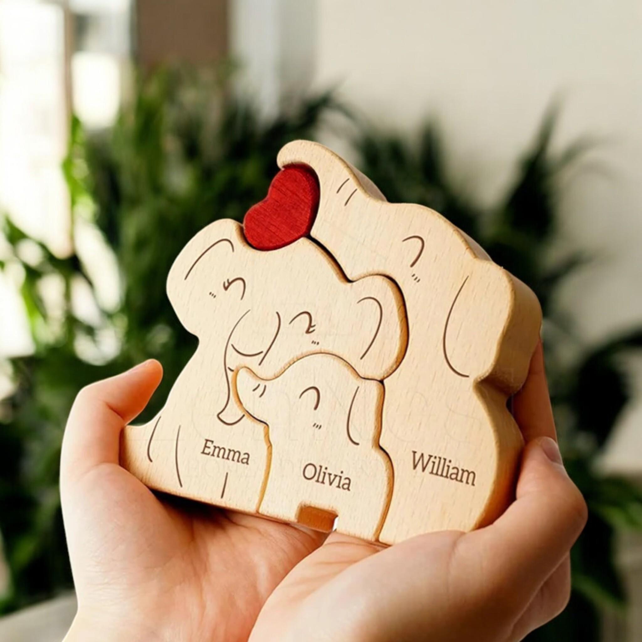 Personalised Wooden Elephant Family Ornament _ Custom Engraved Figurines _ Family Keepsake Gift for Mum, New Parents, Adoption or Baby Decor