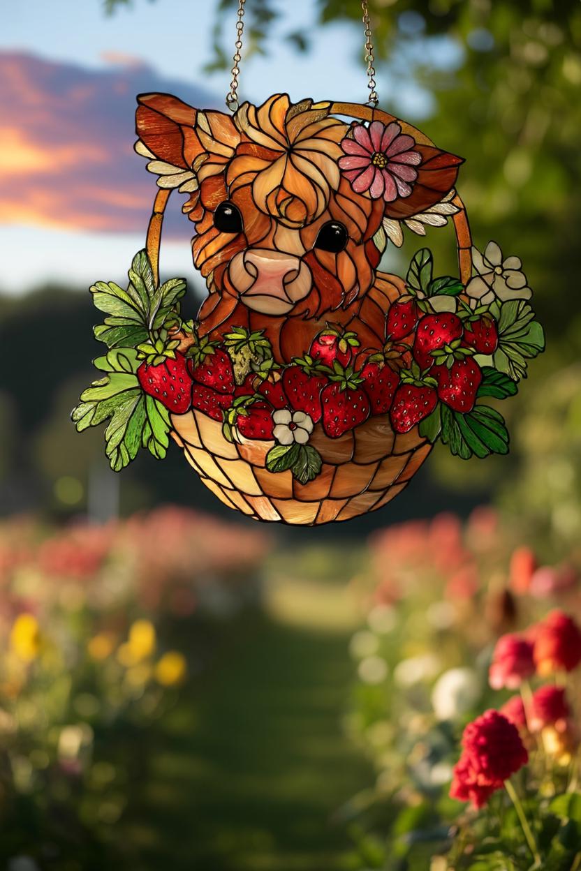 Highland Cow Strawberry Suncatcher Stained Style Farm Animal Floral Window Hanging Decor Gift for Kitchen