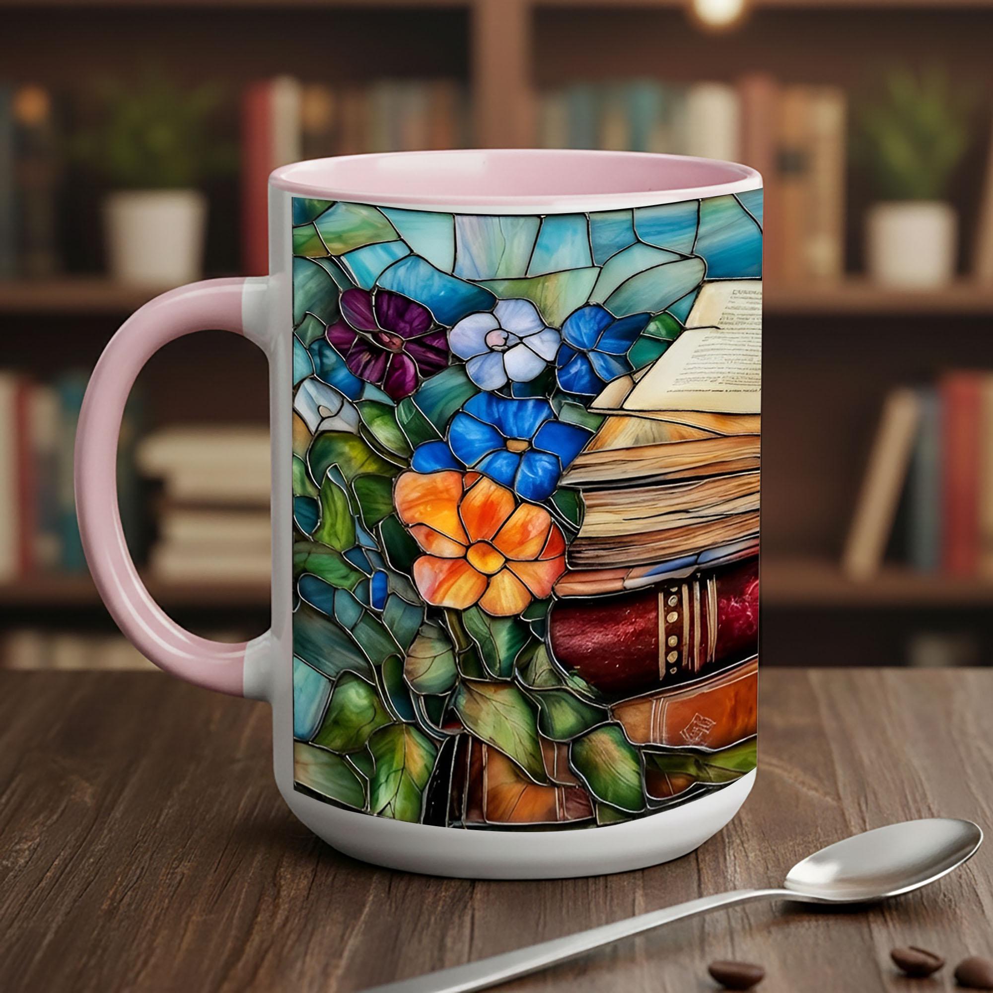Stained Glass Book Lover Mug Floral Cottagecore Bookshelf Design Colorful Reading Bookish Cup 15oz Ceramic, Handle Color Mug