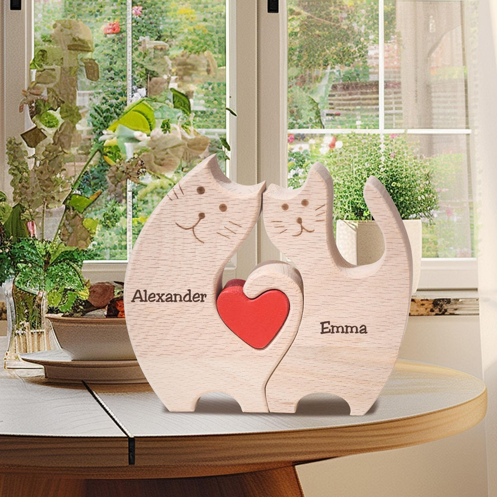 Custom Wooden Cat Family Puzzle, Wood Cat Figurines, Family Name Keepsake, Family of 4 Home Decor, Cat Lover Gifts, Birthday Gift for Wife