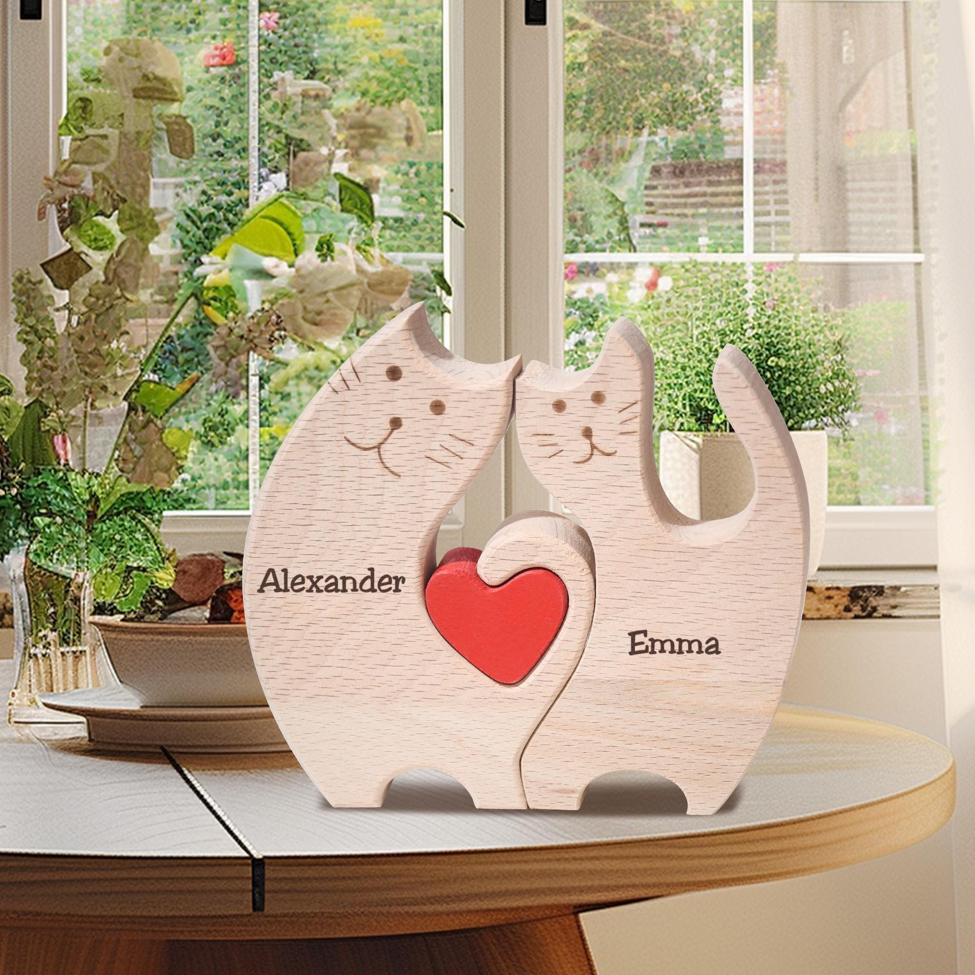 Custom Wooden Cat Family Puzzle, Wood Cat Figurines, Family Name Keepsake, Family of 4 Home Decor, Cat Lover Gifts, Birthday Gift for Wife