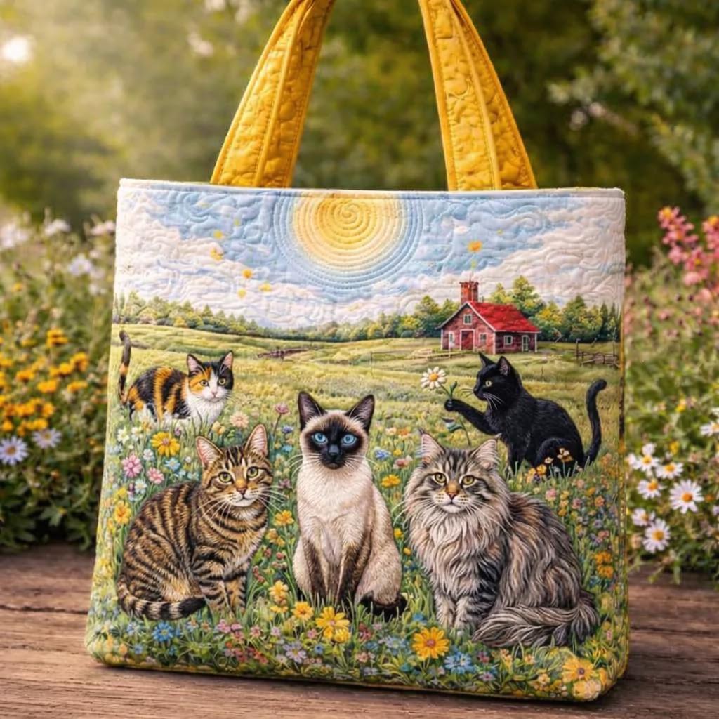 Cat Lovers Tote Bag, Floral Design With Cats, Quilted Tote, Cute Cat Tote, Animal Lover Gift, Farmhouse Tote Bag, Gift for Cat Owners