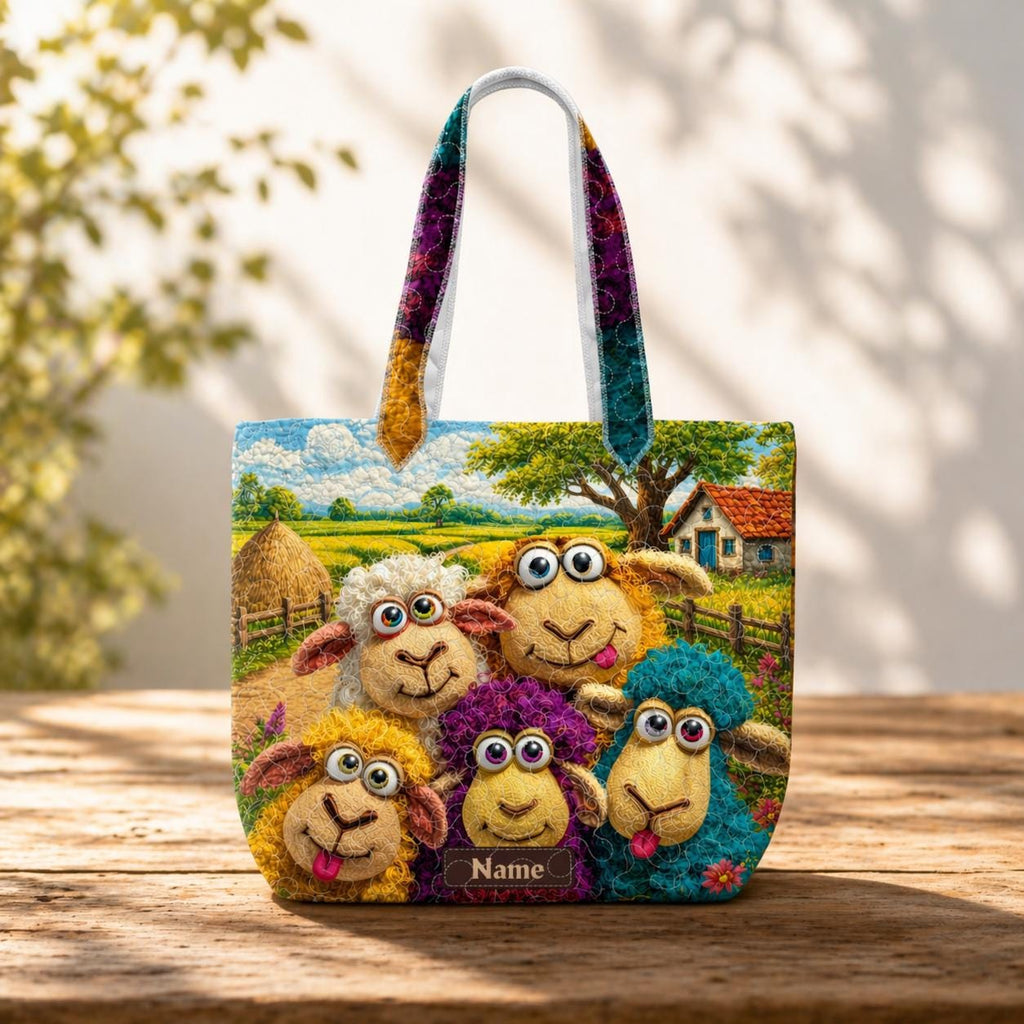 Quilted Sheep Tote Bag, Colorful Illustration Padded Shoulder Bag, Animal Lover Gift , Tote Bag Gift for Women