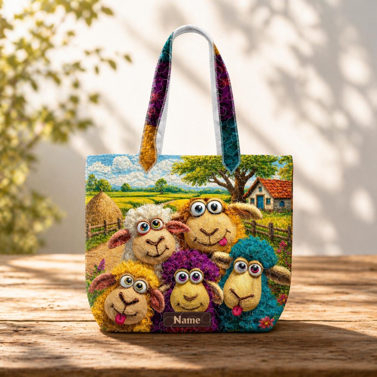 Quilted Sheep Tote Bag, Colorful Illustration Padded Shoulder Bag, Animal Lover Gift , Tote Bag Gift for Women