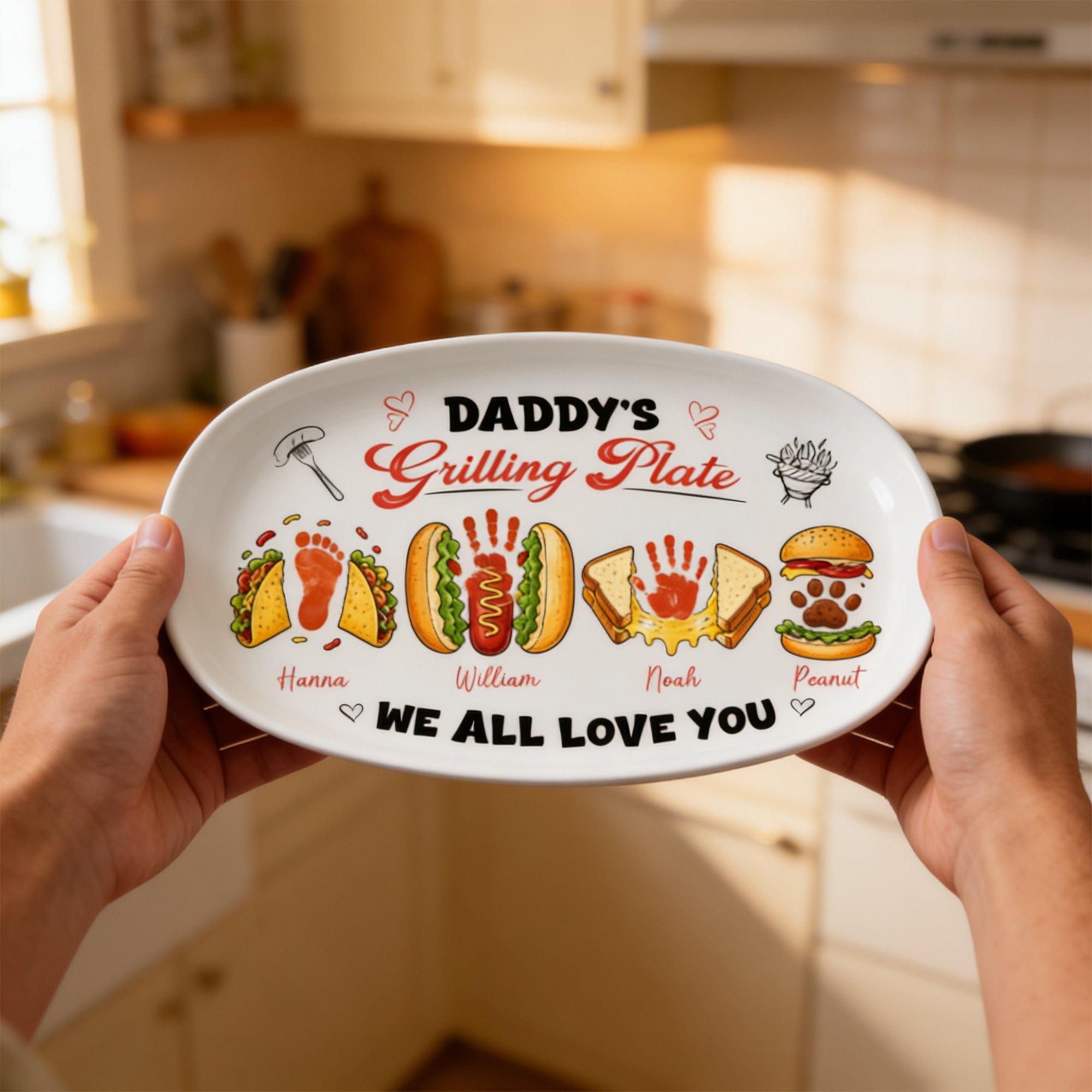 Custom Burger Hot Dog Handprint Footprint Platter, Personalized Grilling Plate Bbq Gift From Kids, Daddy's Grilling Plate Bbq Serving Tray