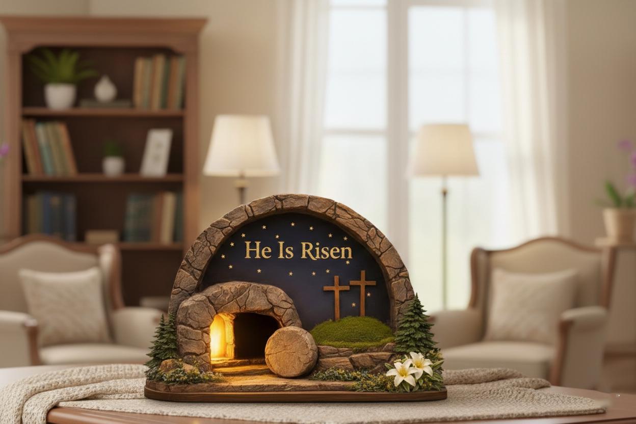 Easter Wooden Block, Empty Tomb Resurrection Scene, He Is Risen Christian Decor, Meaningful Church Gift for Pastor Appreciation and Ministry
