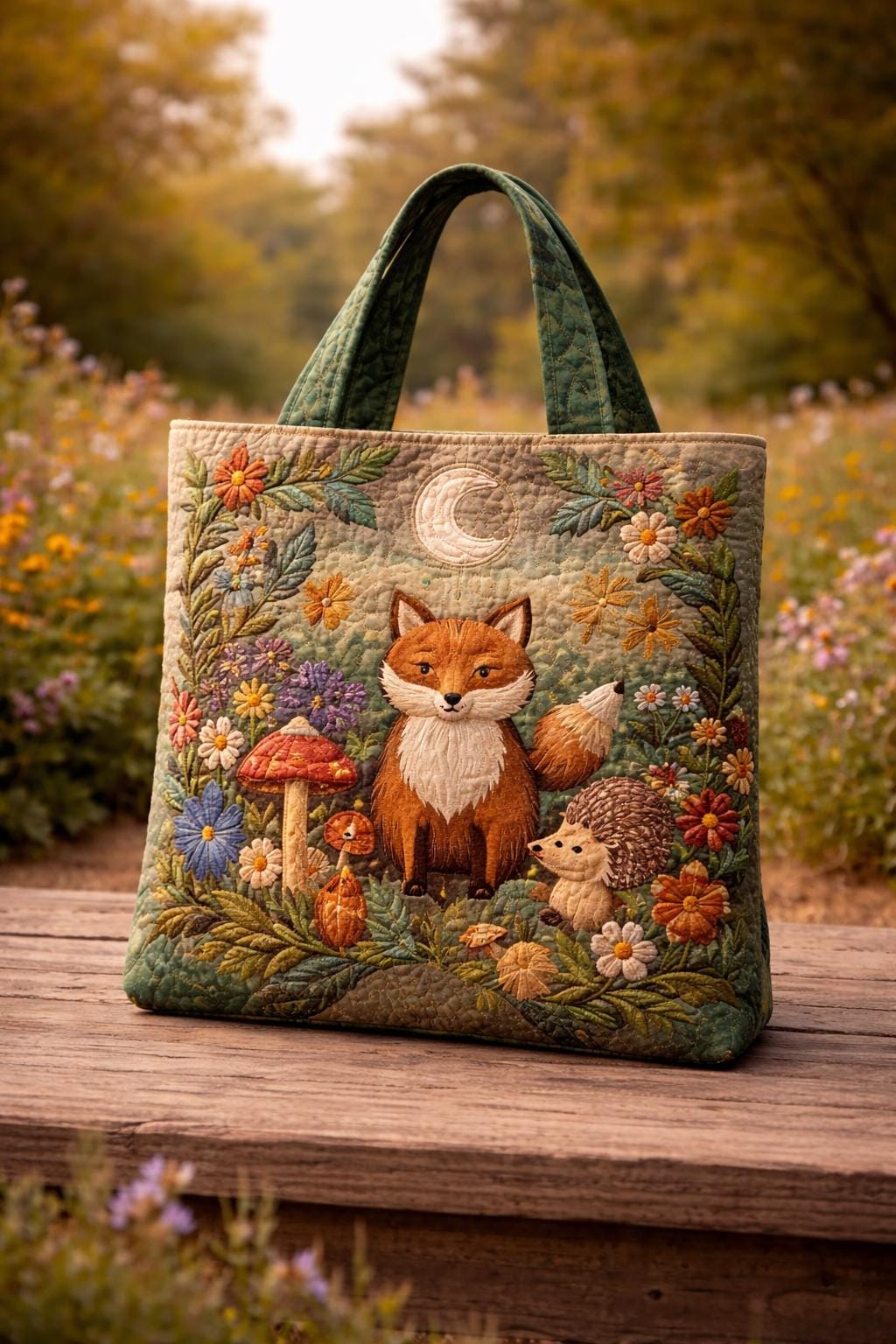 Fox and Hedgehog Garden Quilted Tote Bag, Woodland Animal Floral Tote Bag, Nature Lover Tote Bag, Gift for Her