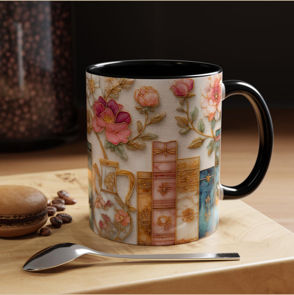 Book Lover Floral Bookshelf Coffee Mug, Stained Glass Style, Bookish Mom Gift