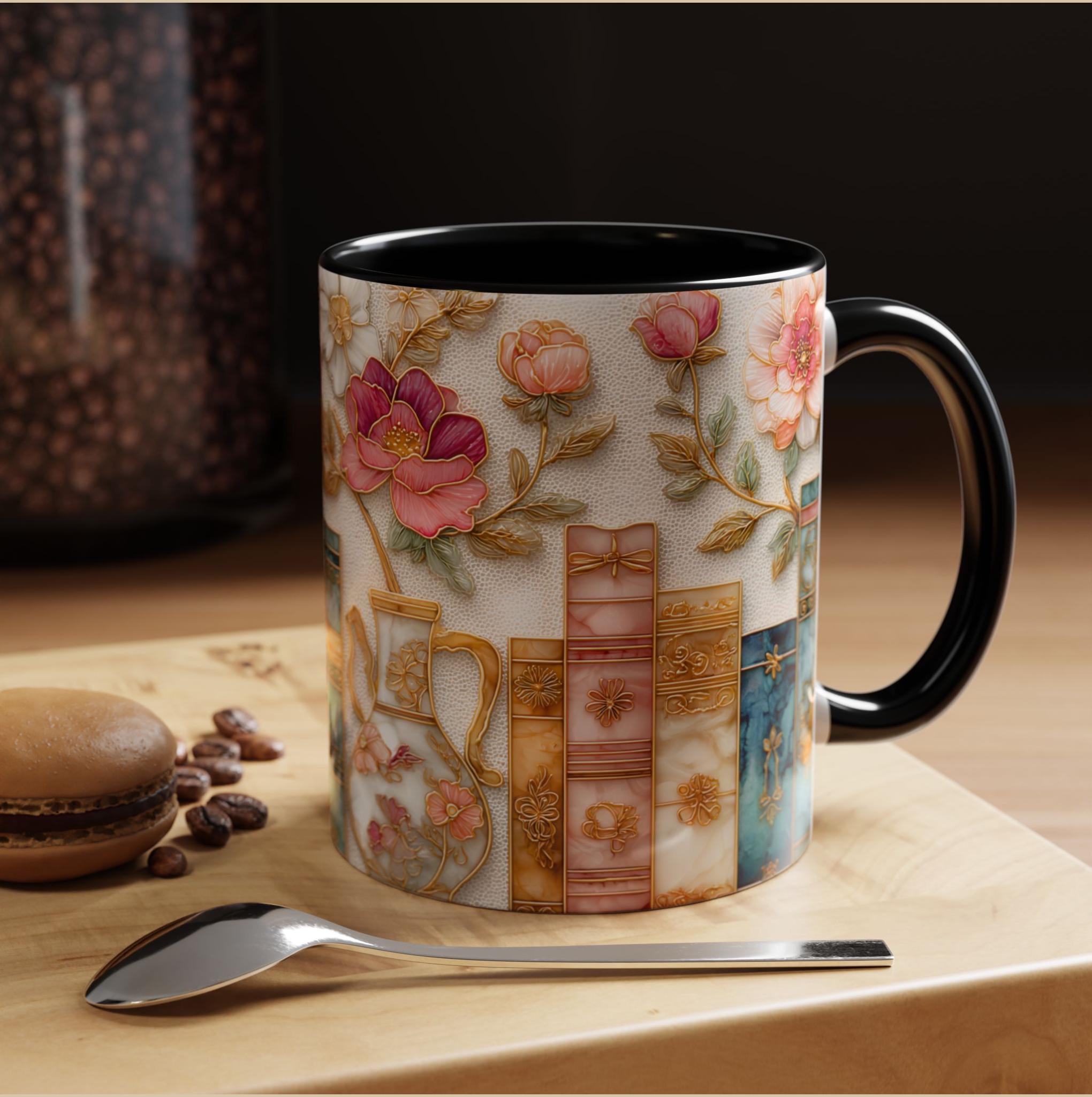 Book Lover Floral Bookshelf Coffee Mug, Stained Glass Style, Bookish Mom Gift