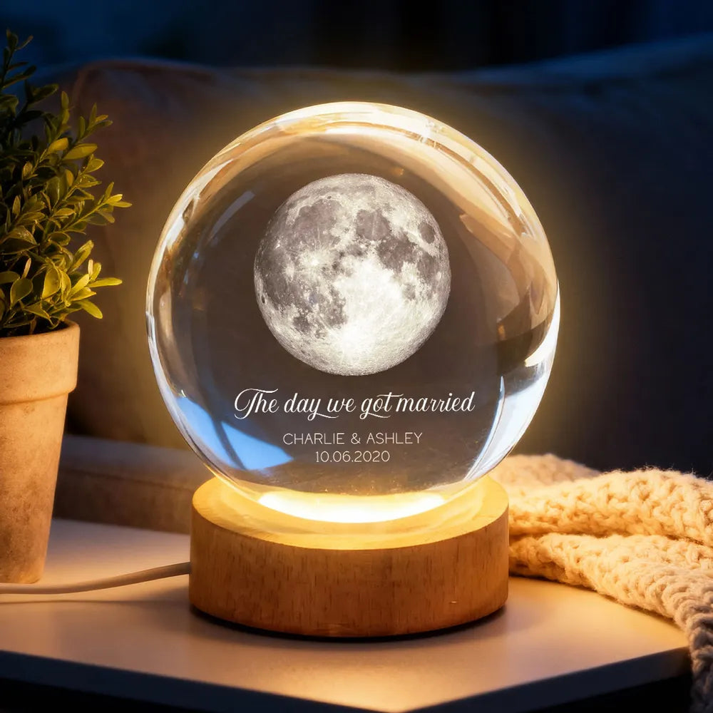 Our Moon Couple Anniversary Date - Personalized Crystal Ball LED Night, Moon Phase Print, Valentines Day Wedding Anniversary Gift For Couple